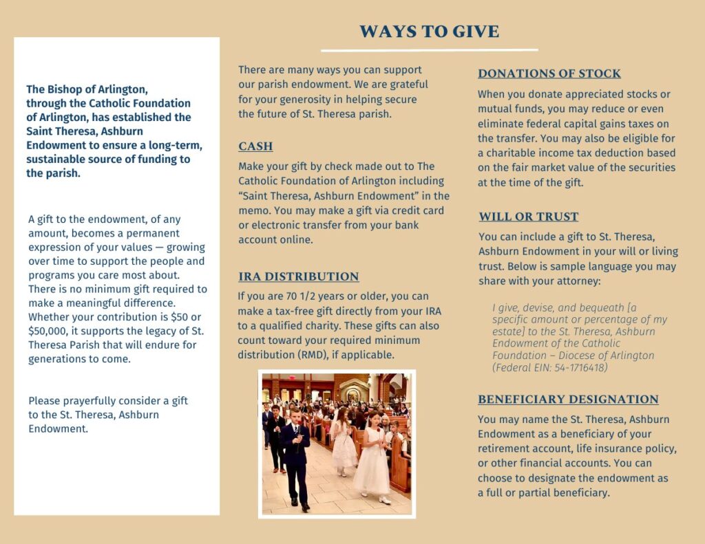 St. Theresa Catholic Church Endowment brochure, page 2: Ways to Give